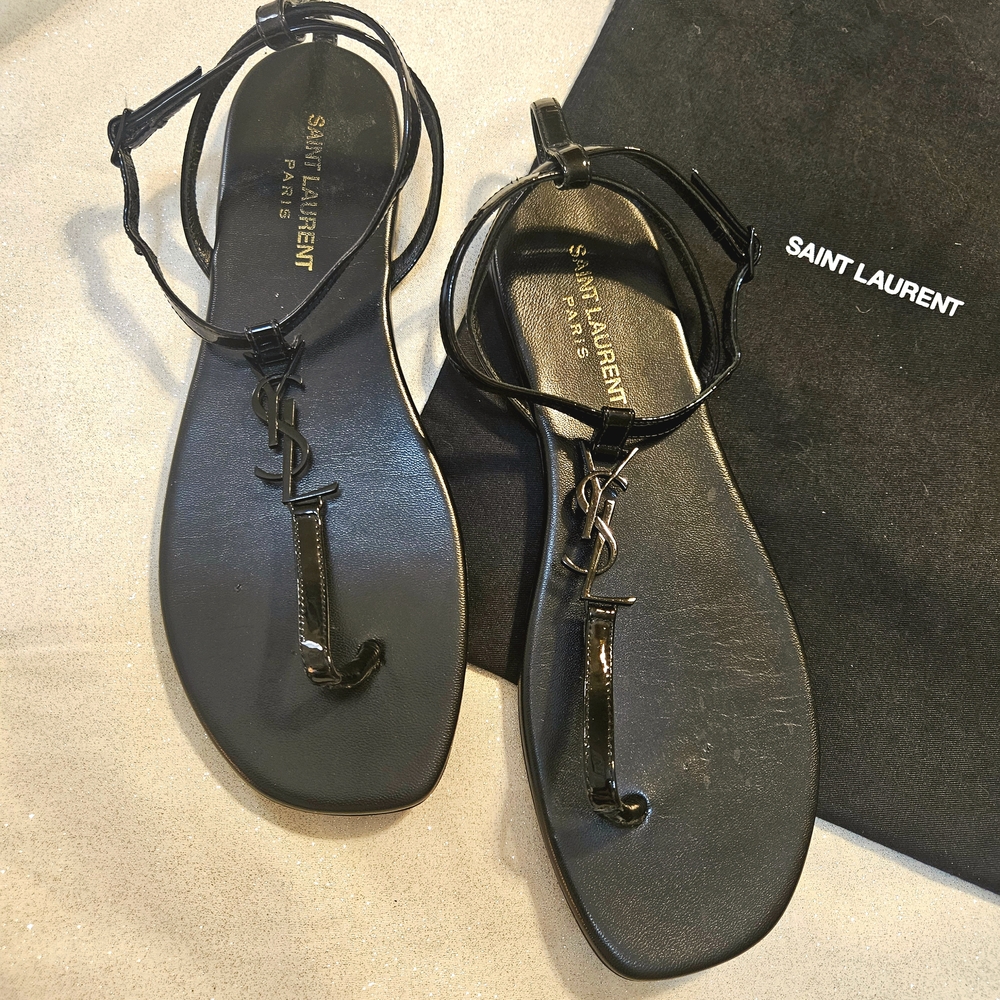 Saint Laurent Black T-Strap Sandals with YSL Logo